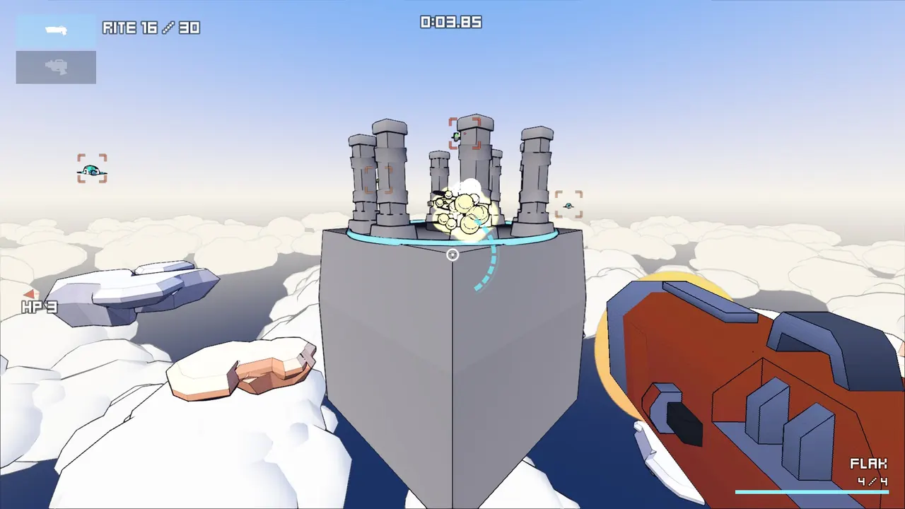 Rite 16 in the afternoon: a red Flak gun fires at a grey Shrine tower above white clouds, with drones marked in red brackets.
