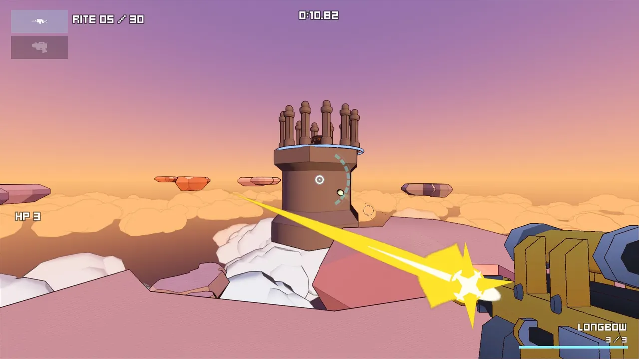 A gold and blue Longbow rifle fires a yellow star-shaped muzzle flash toward a Shrine tower above an orange cloud sea at sunset.